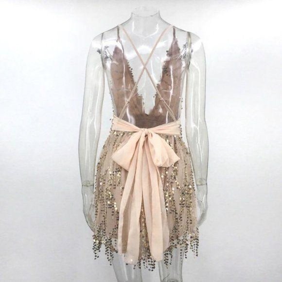 Gold Sequin Embellished Backless Mini A-line Dress - Picture 6 of 7
